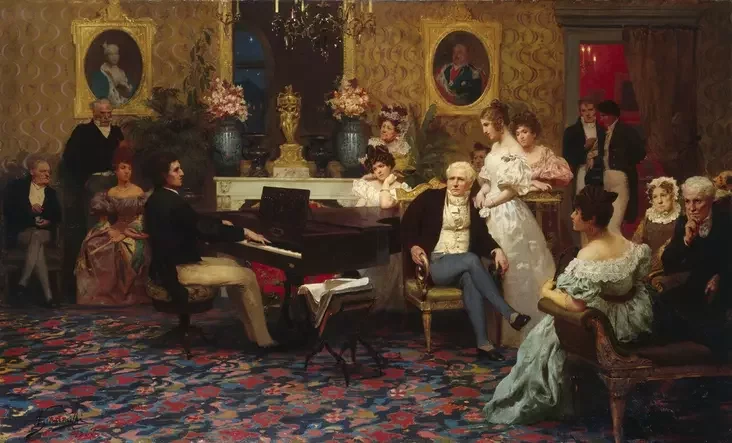 Frédéric Chopin performing his works in Prince Radziwiłł's salon in 1829. Painting by Henryk Siemiradzki, 1887.