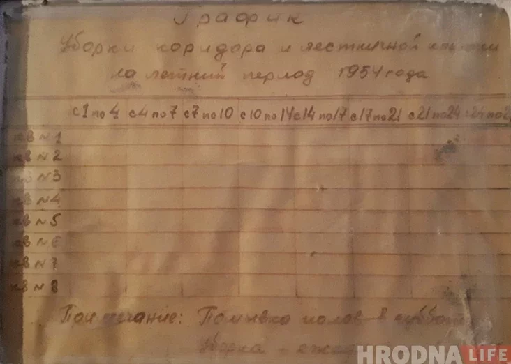 Амаль машына часу: у пад'ездзе на Падольнай вісіць графік уборкі 1954 года