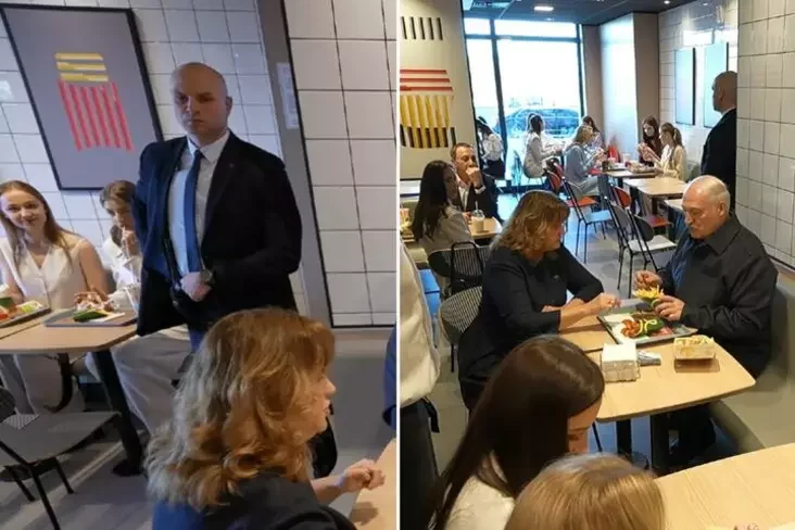 Кадры официальной хроники, на которых можно видеть девушек, сидящих за спиной Лукашенко во время визита в ресторан Mak.by. Минск, 8 марта 2026 года. Фото: пресс-служба политика