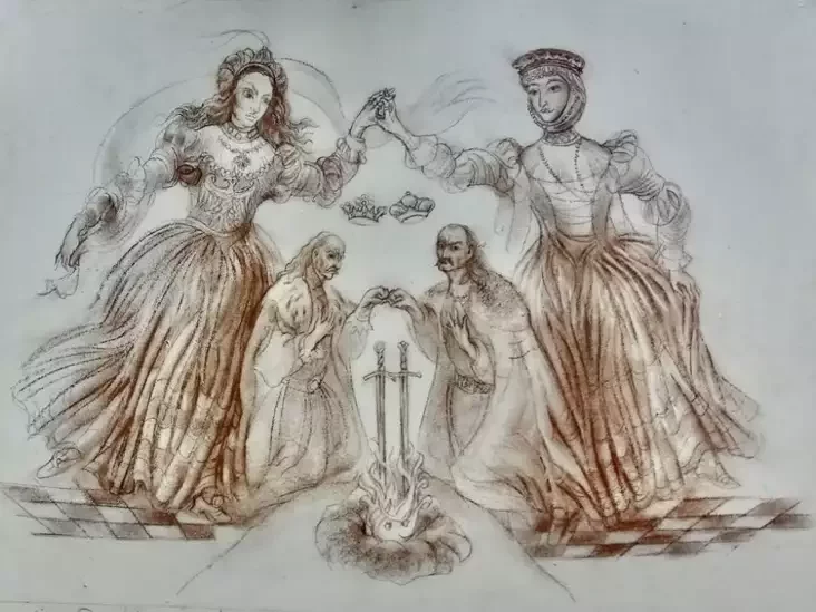 Jagiełło and Vytautas with their wives near the Eternal Flame.
